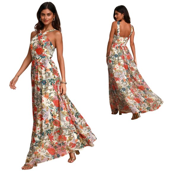 Lulus Dresses & Skirts - Lulus Lilja Cream Floral Print Halter Fitted Maxi Dress M